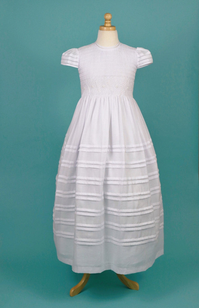 Long First Communion Dress Cotton Fabric, Hand Made,  Smocked Dresses with petticoat included, add  Head Piece and Veil
