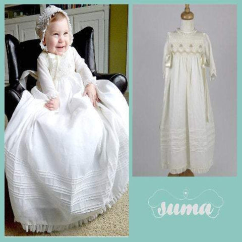 Christening Gown Long Sleeves  Baptism Dress Gown White or  Ivory with  Bonnet Free Personalization