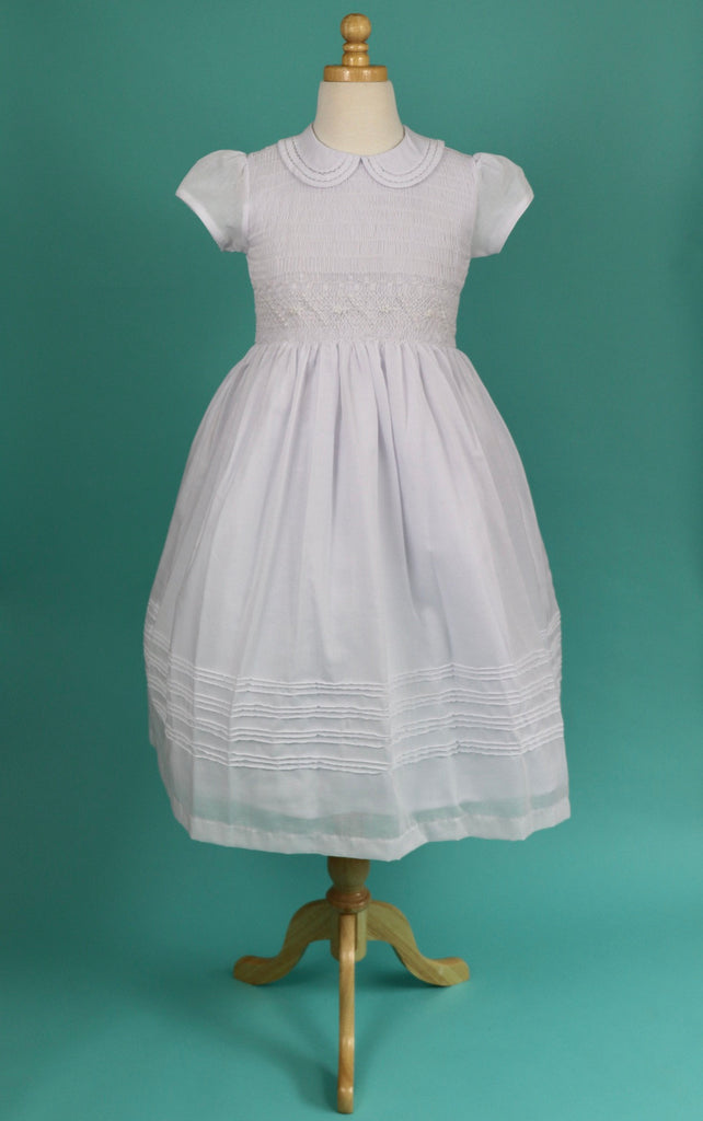 Flower Girl Dress, White Smocked Girl Dresses,  Cotton Fabric  Completely lining, add petticoat and Headpiece