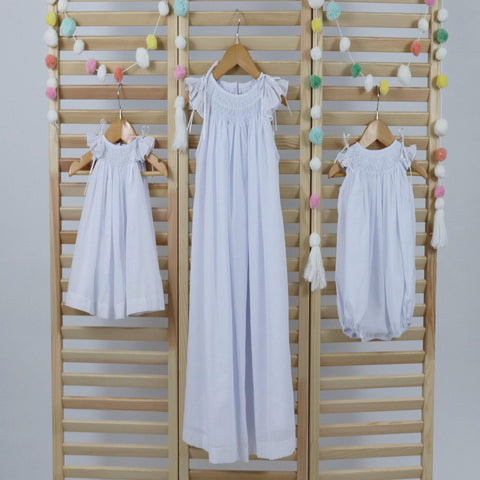 Pastel White  Matching  Sisters Dress,  Bubble Romper Baby Girl, Flower Girl Dress, Hand Made Smocked Dresses, Bishop Dress.