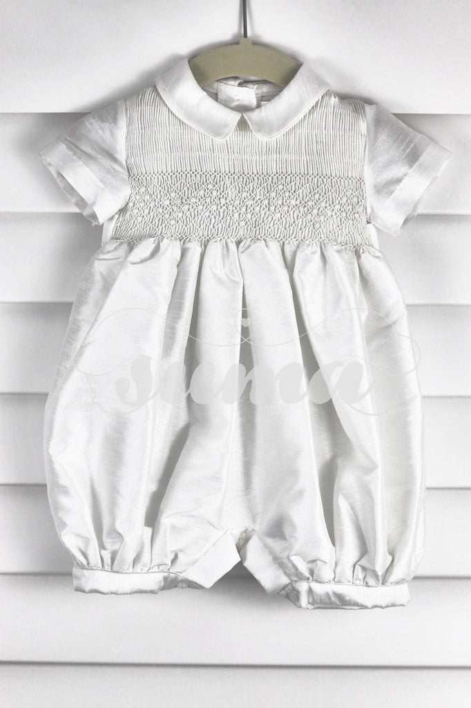 Smocked Baby Boy Romper White Baby Boy Outfit White Shantung