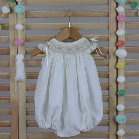 Ivory Baby Girl Bubble Romper, Toddler Girl Romper, Baby Girls Smocked Bubble Romper,  Hand Made Bubble Romper