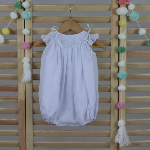 White Cotton baby girls smocked bubble romper, 100% cotton
