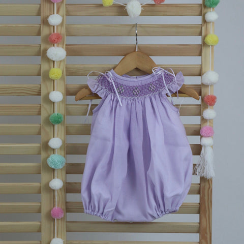 Lignt Lavender Lilac Cotton baby girls smocked bubble romper, hand made