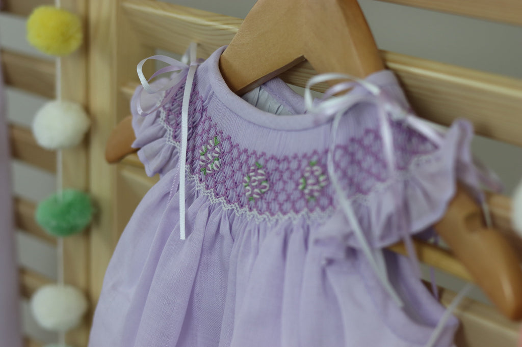 Lignt Lavender Lilac Cotton baby girls smocked bubble romper, hand made