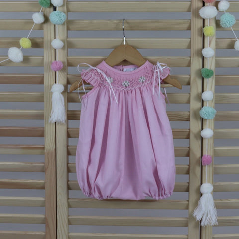 Baby Girl Bubble Romper, Lignt Pink Cotton Baby Girls Smocked Bubble Romper, Hand Made