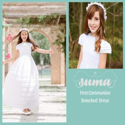 Long First Communion Dress Cotton Fabric, Hand Made,  Smocked Dresses with petticoat included, add  Head Piece and Veil