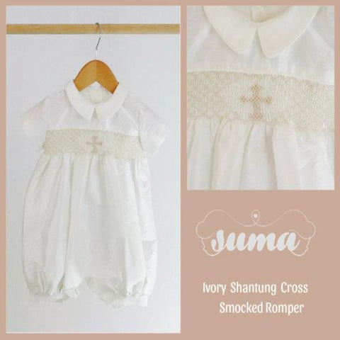 Christening Baby Boy Outfit Ivory Shantung Romper,  Baptism Boy,  Blessing Baby Boy Outfit, Smocked Romper Ivory Baby Boy