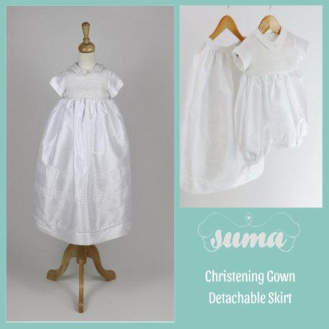 Baby Boy  Christening Gown  with Detachable Skirt,  Baptism, Blessing  Outfit White Shantung Fabric Free Personalization