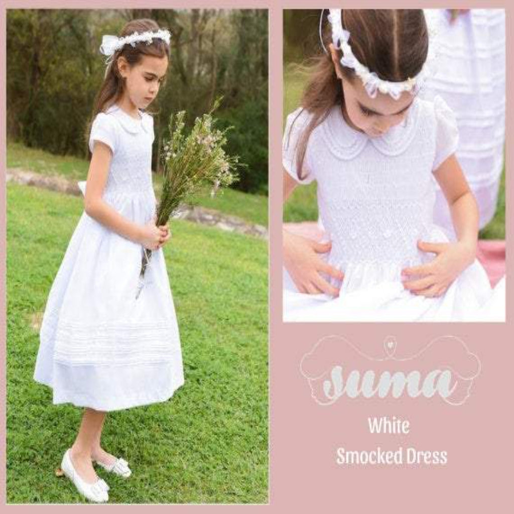 White Cotton Fabric First Communion Dress Hand Made Smocked Dresses Suma Christening Gowns Flower Girls First Communion