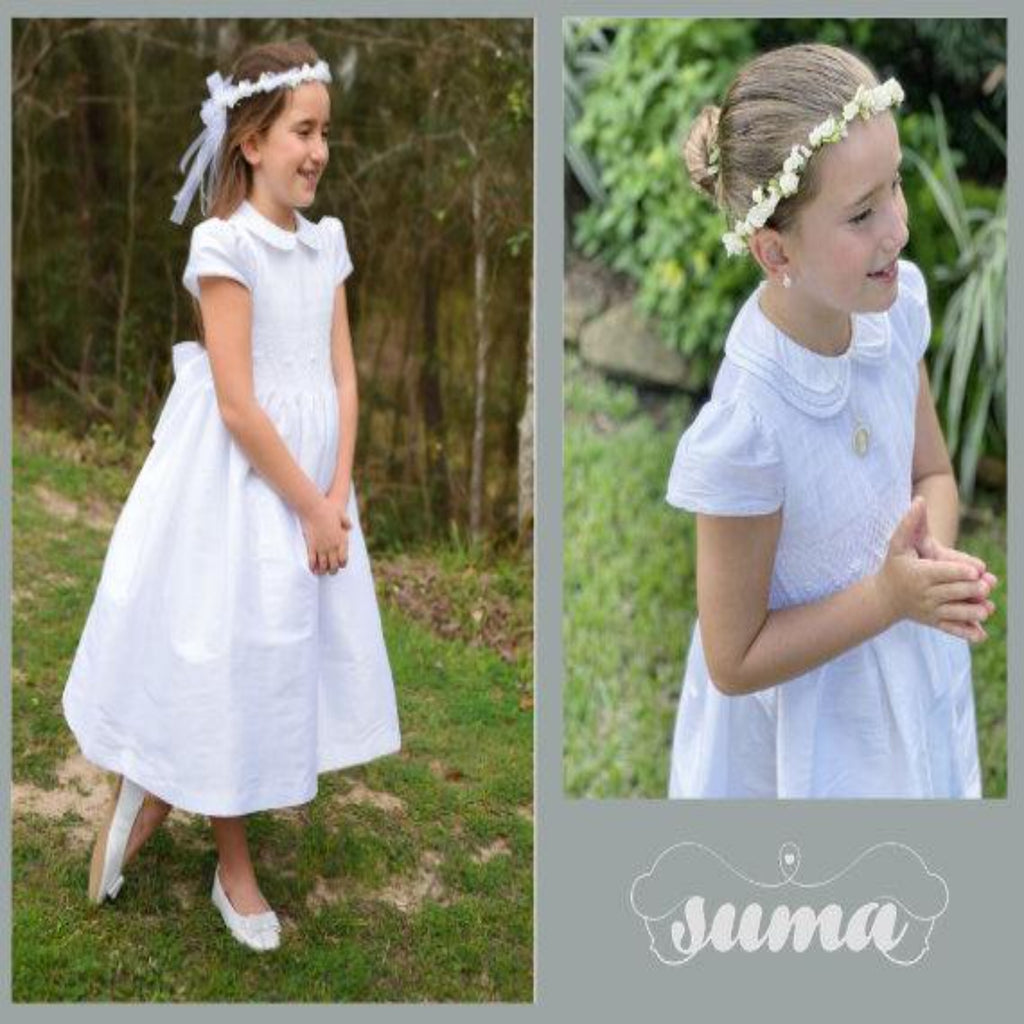 White Shantung Fabric, First Communion Dress, Hand Made, Smocked Dresses sizes 6 -12