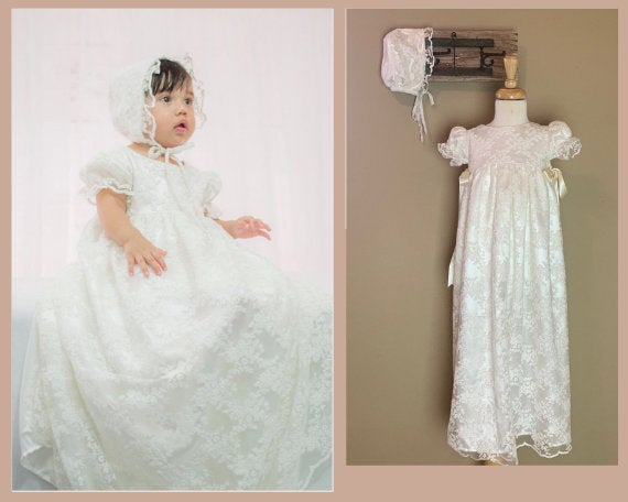Lace Christening Gown, Baptism dress, Girls Christening Gown set Free  Personalization
