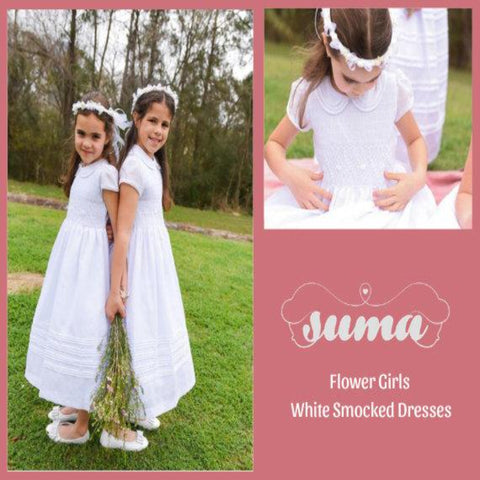 Flower Girl Dress, White Smocked Girl Dresses,  Cotton Fabric  Completely lining, add petticoat and Headpiece