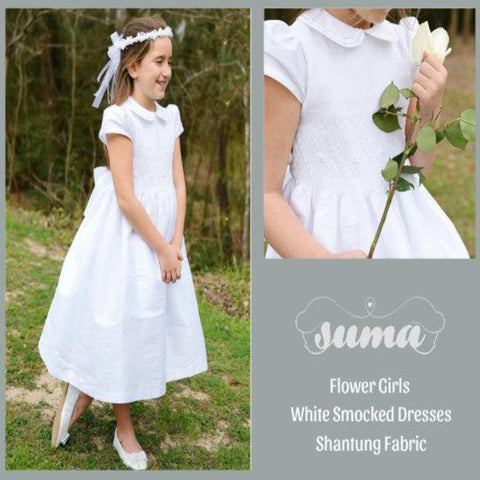 White Shantung Flower Girl Dresses, White Shantung Smocked Dresses add Petticoat and Headpiece
