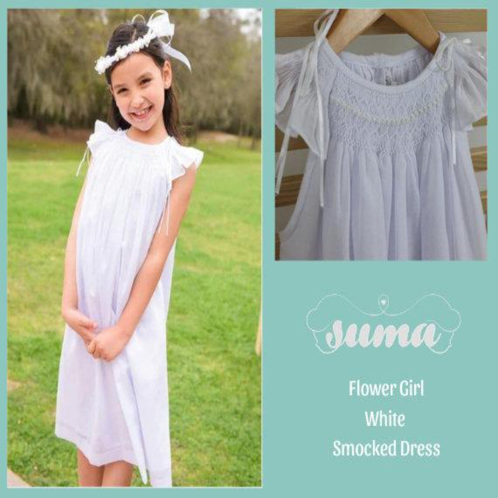 Bishop Flower Girl  Dresses White Cotton Fabric, Angel Slevees ,  Smocked Dresses, Hand Made