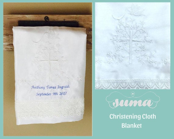 Suma Christening Cloth Blanket Baptism Baby Sheet, Handkerchief Personalized Girls or Boys , White or Ivory 38" x 28" Shantung Fabric