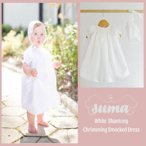 Baby Girl White Smocked Dress, Christening Dress , Baptism Dresses,  Add Bonnet, Blommers and shoes  Shantung Fabric, Free Personalization