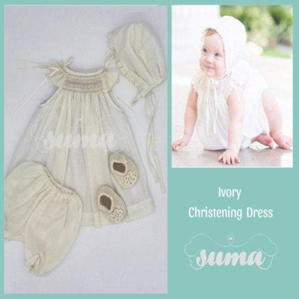 Baby Girl Ivory Bishop Smocked Dress, Christening Baptism Dress Ivory cotton with Bonnet , Free Personalization