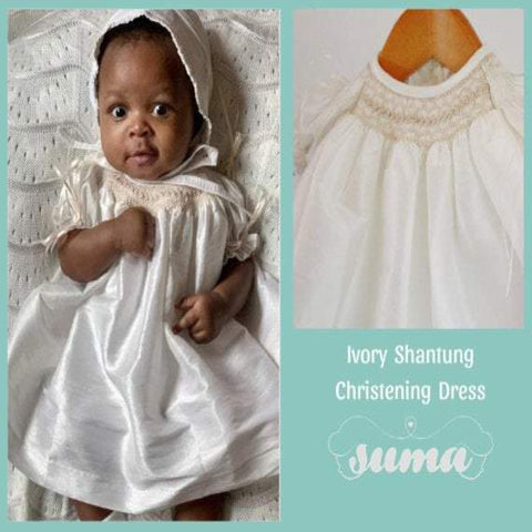 Baby Girl  Christening Dress with Bonnet  Ivory Shantung Fabric, Baptism Dress, SUMA, Free Personalization