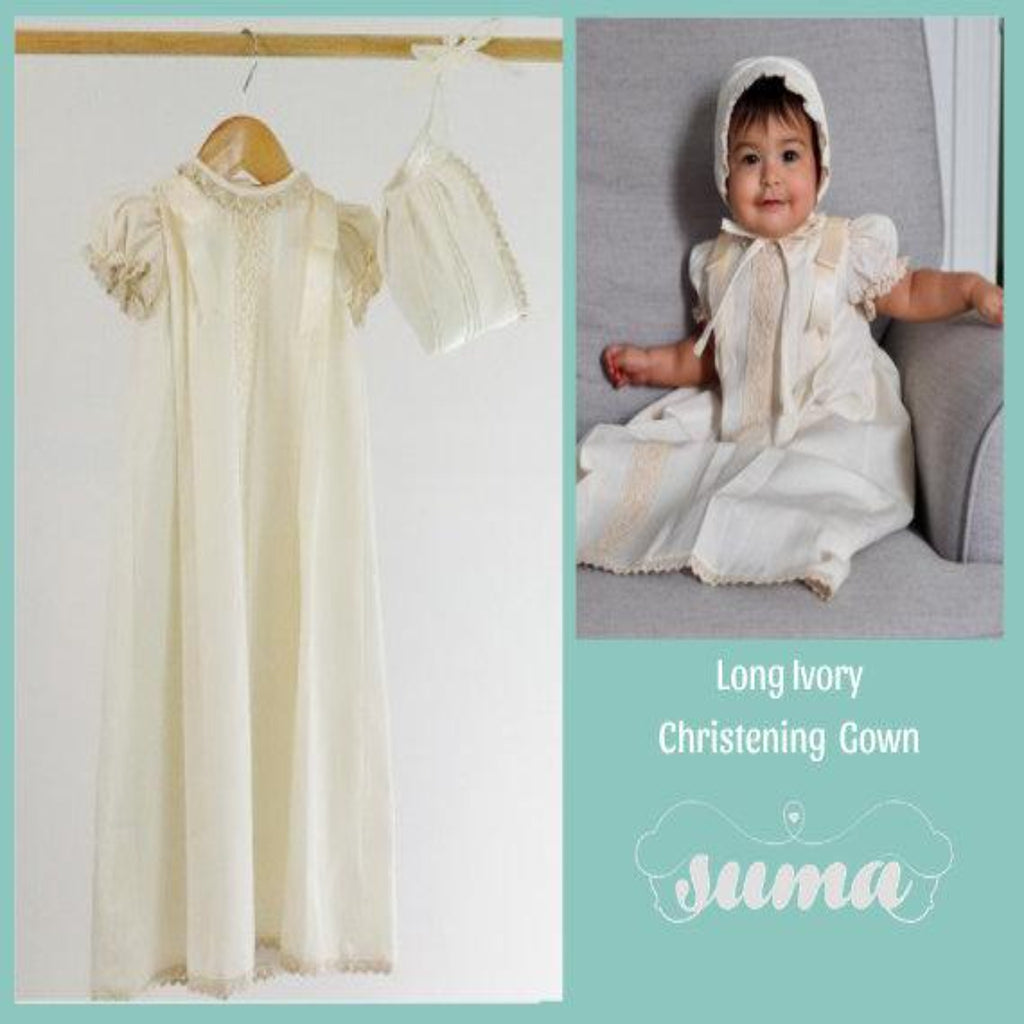 Girls Cotton Sateen Christening Gown with Rosette Covered Bodice
